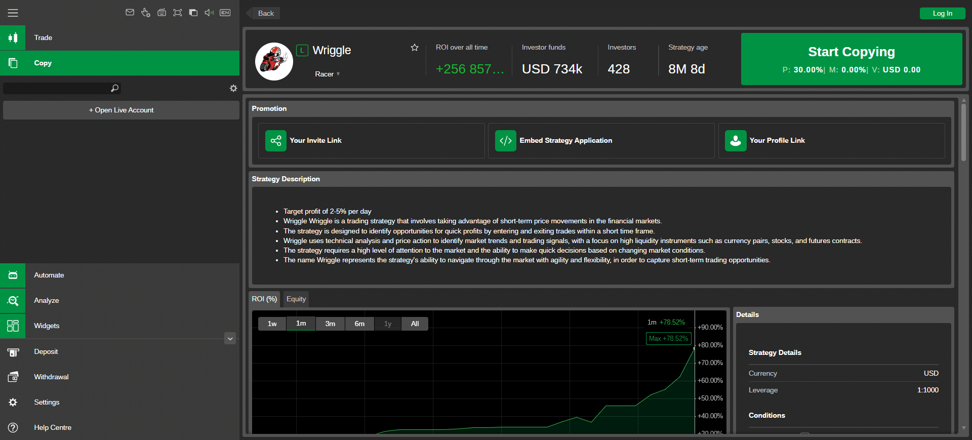 screenshot delle funzionalità di copy trading di Skilling